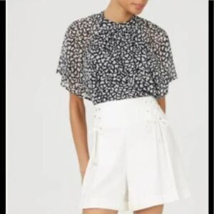 Club Monaco Black & White Printed Flutter-Sleeve Blouse